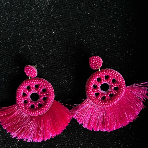 Fuchsia Pink Beaded Drop Dangle Earrings - Picture 2 of 6
